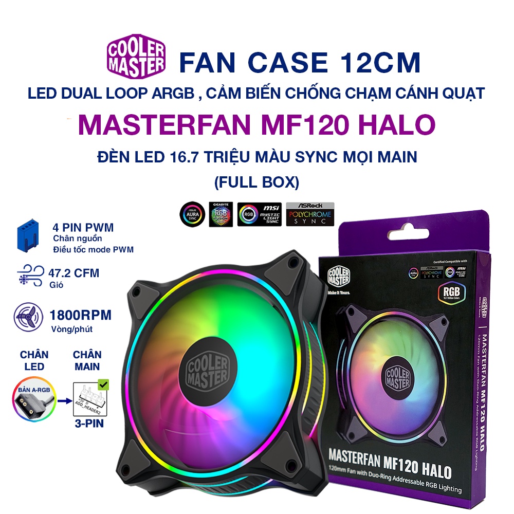 Quạt tản nhiệt case máy tính Cooler Master MasterFan MF120 HALO – LED Rainbow ARGB 2 vòng ring