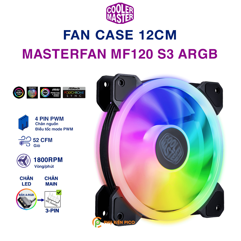 Quạt fan case Cooler Master S3 ARGB quạt tản nhiệt PC 12cm MasterFan MF120 S3 Fan Led A RGB máy tính
