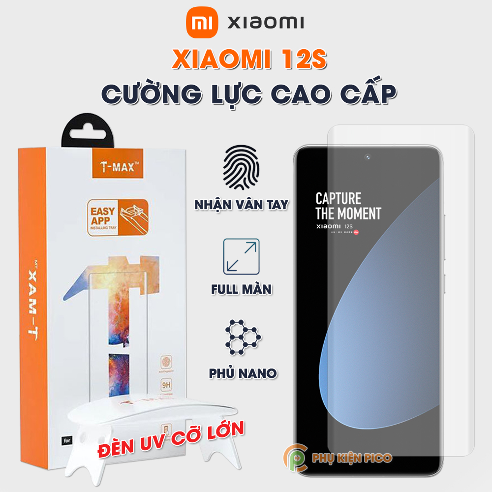 Kính cường lực Xiaomi Mi 12S nhận vân tay full màn hình đèn UV cỡ lớn T-Max