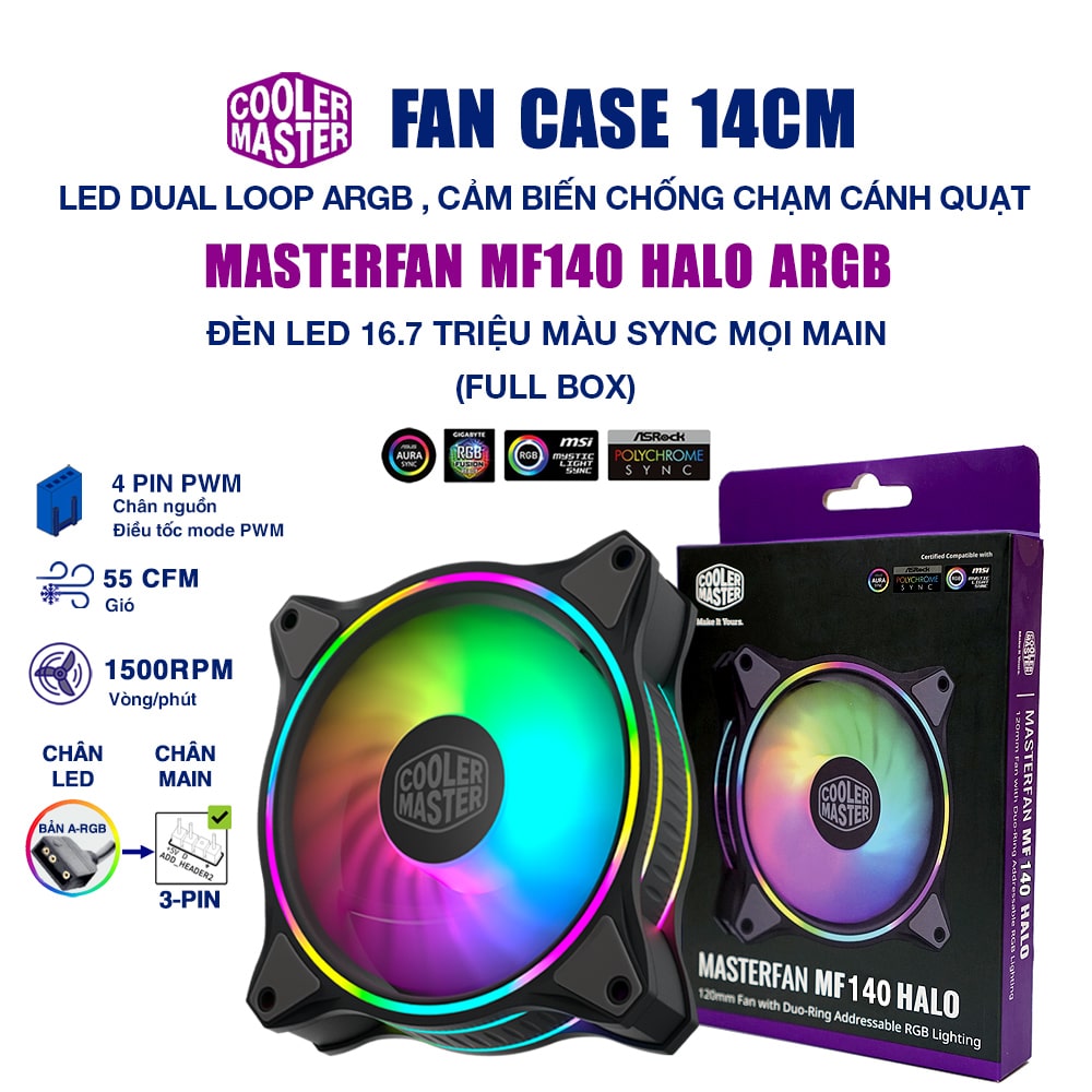 Quạt tản nhiệt fan case 14cm Cooler Master MasterFan MF140 HALO