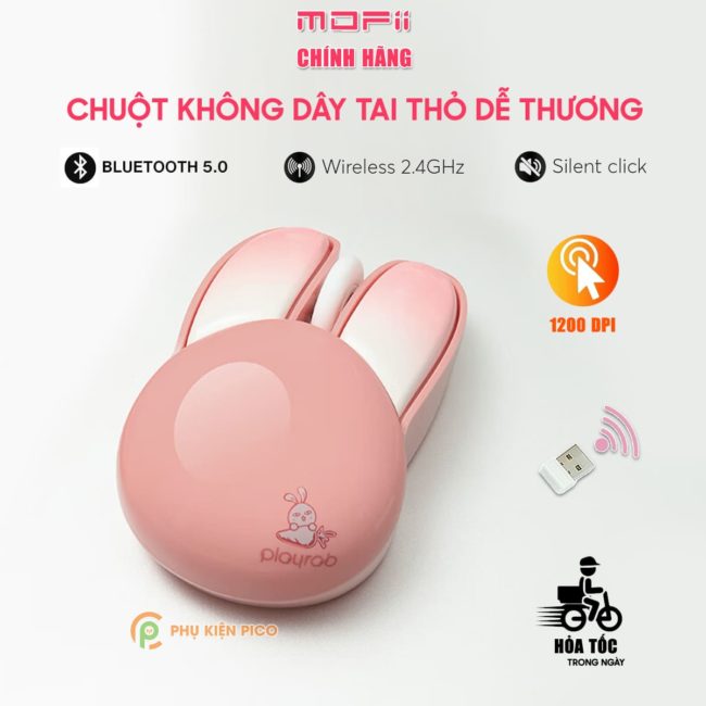 Chuột tai thỏ hồng không dây máy tính hình tai thỏ wireless 2.4G không tiếng ồn Playrab