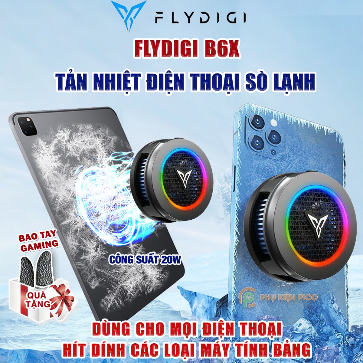 Quạt tản nhiệt điện thoại Flydigi B6X sò lạnh từ tính 20W led RGB điều chỉnh nhiệt độ thông minh