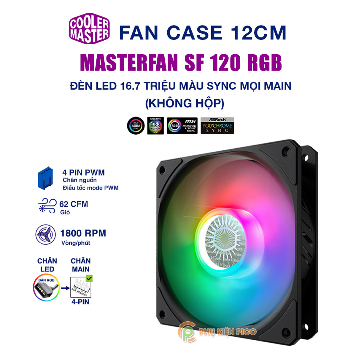Quạt fan case 12cm Cooler Master SF120 RGB – Quạt tản nhiệt Case Cooler Master Masterfan SF120 RGB (tách hộp)