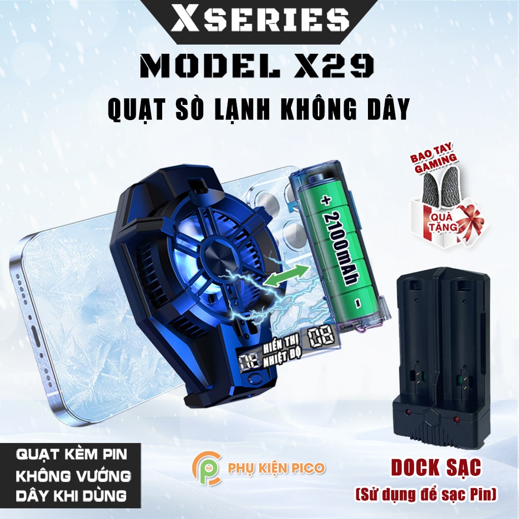 Quạt tản nhiệt điện thoại sò lạnh chạy Pin X29 – Quạt tản nhiệt không dây X29 pin sạc màn hình hiển thị nhiệt độ Led RGB
