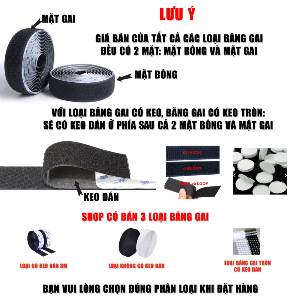 Băng gai Velcro có keo 3M, Băng gai dính khóa nhám gai, miếng dán vải 2 mặt dán giày, túi xách, quần áo các vật dụng