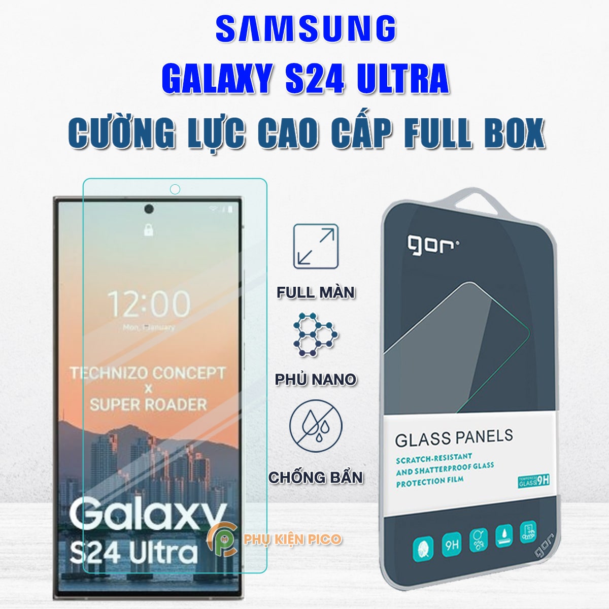 Kính cường lực Samsung Galaxy S24 Ultra full màn hình chính hãng Gor phủ nano