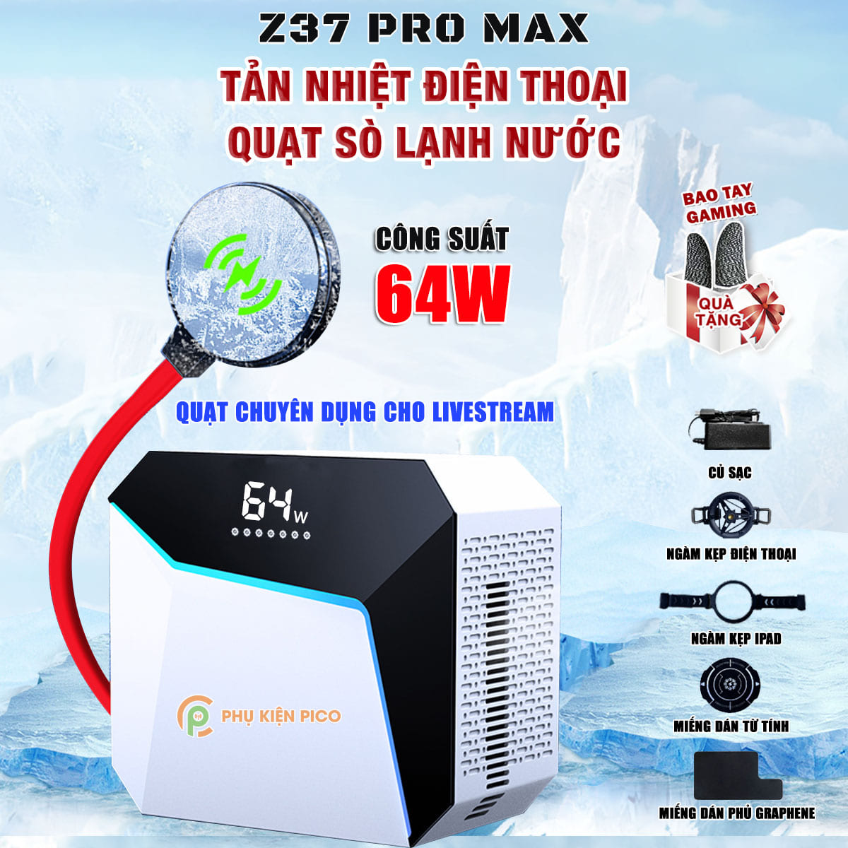 Quạt tản nhiệt điện thoại máy tính bảng chuyên dụng cho Livestream Z37 Pro Max sò lạnh nước từ tính 2024 công suất 64W