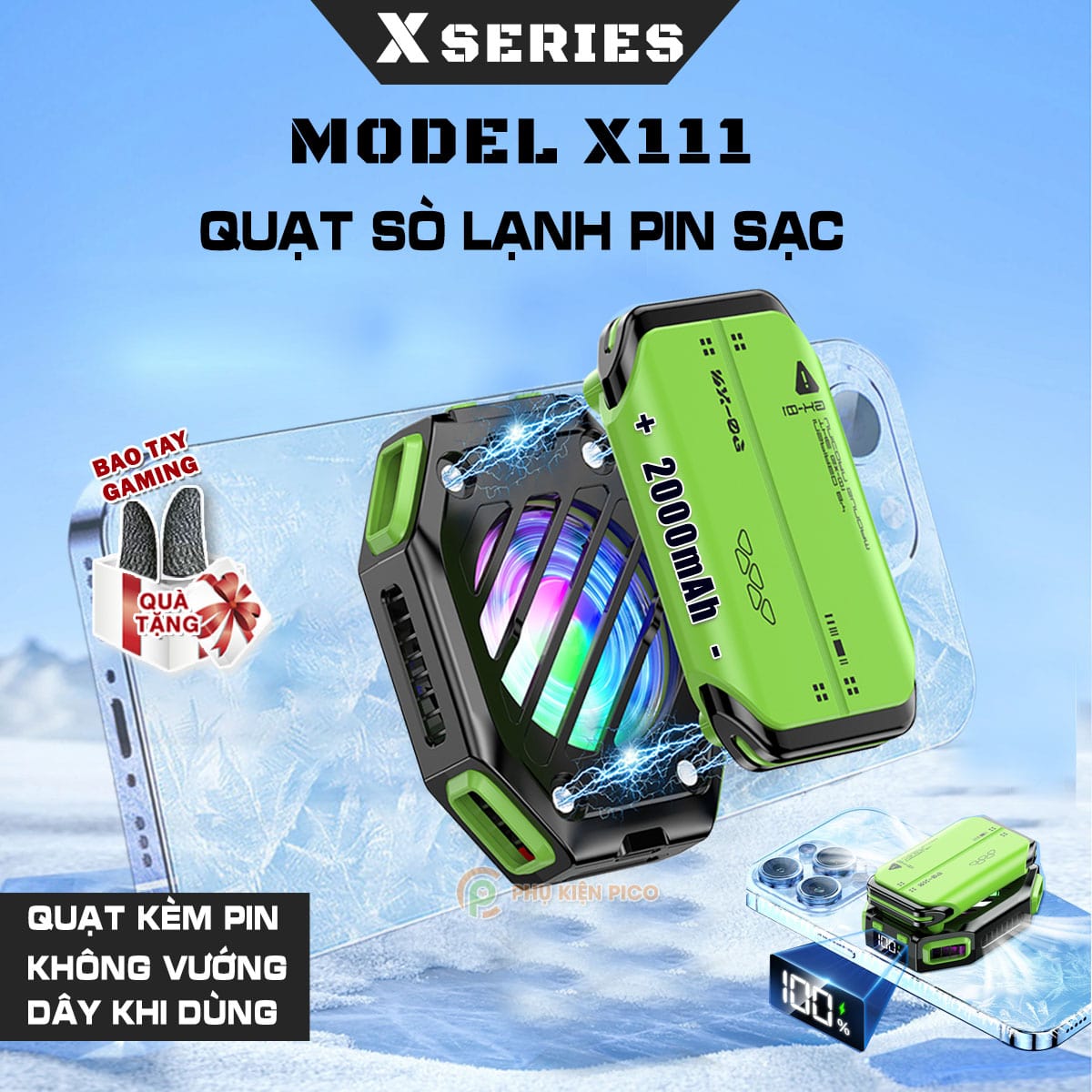 Quạt tản nhiệt điện thoại máy tính bảng sò lạnh từ tính X111 Quạt pin rời 2000MAh màn hình hiển thị nhiệt độ Led RGB