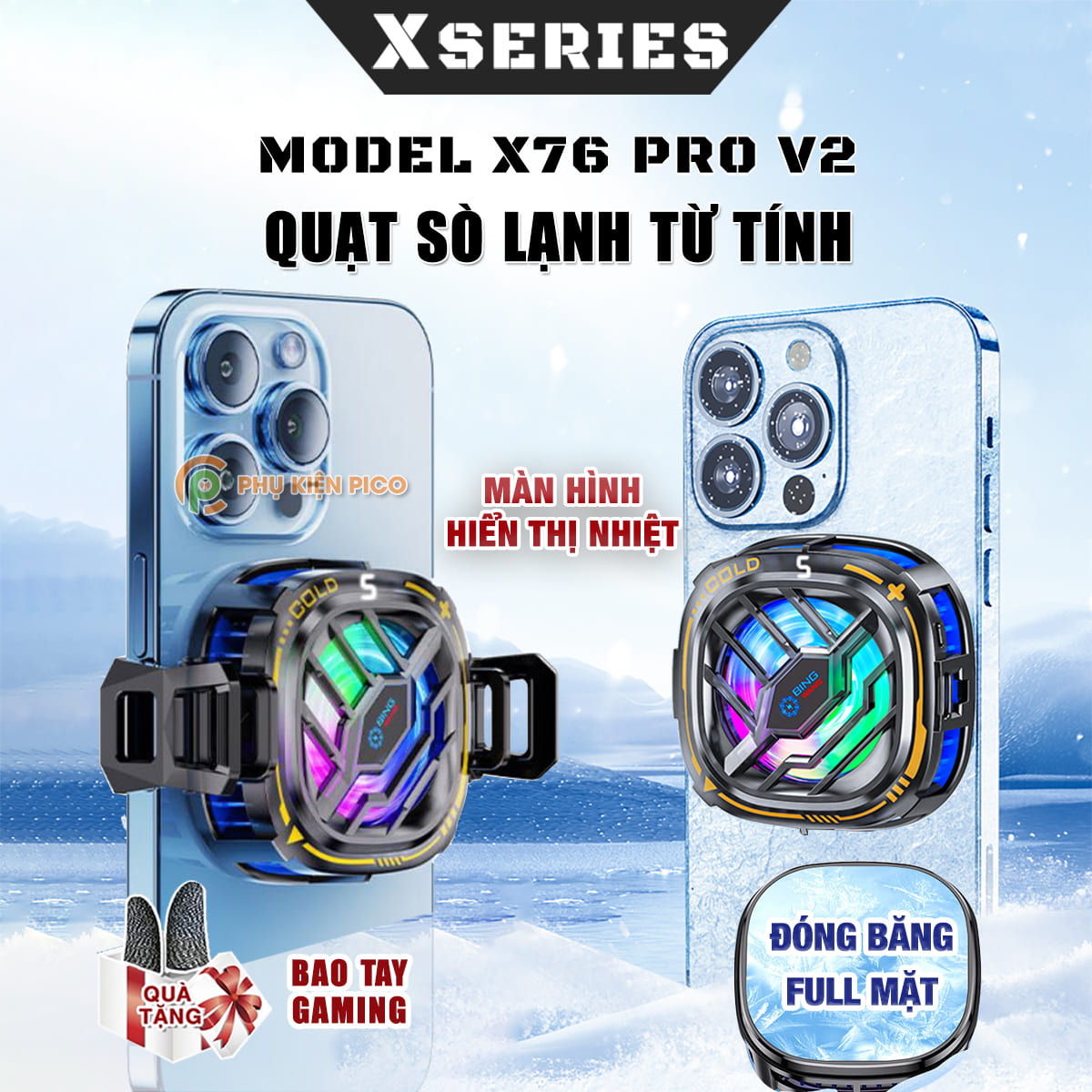 Quạt tản nhiệt điện thoại máy tính bảng X76 Pro V2 sò lạnh từ tính Led RGB Gaming màn hình hiển thị nhiệt độ