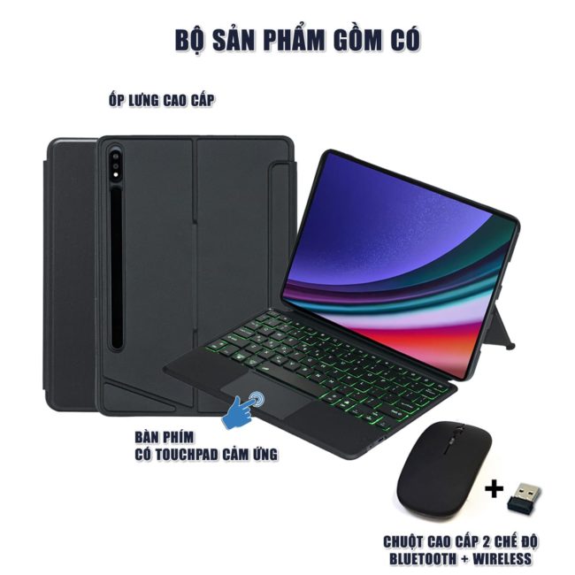 Ốp lưng Samsung Galaxy Tab S9 Plus bao da cao cấp kèm bàn phím chuột cảm ứng 720 độ tách rời linh hoạt