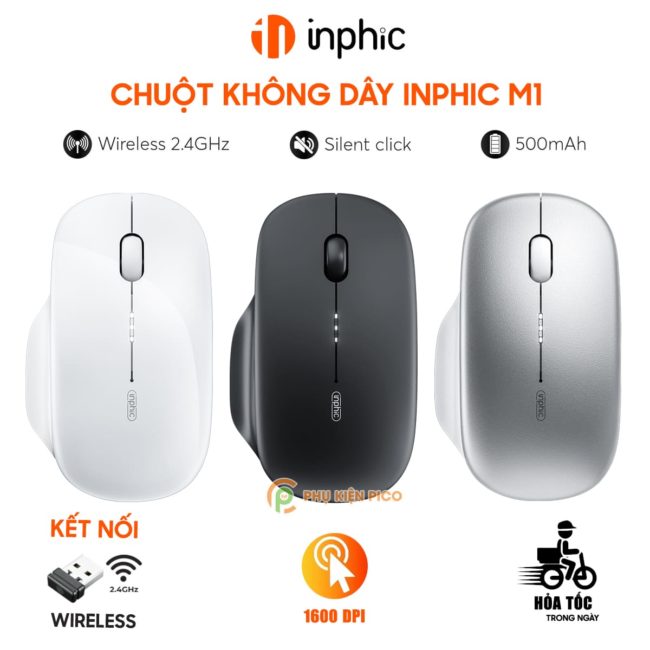 Chuột Không Dây Gaming Inphic M1 Wireless 2.4G 1600 DPI, Hiển Thị Pin Sạc Type-C, Silent Click, Công Thái Học