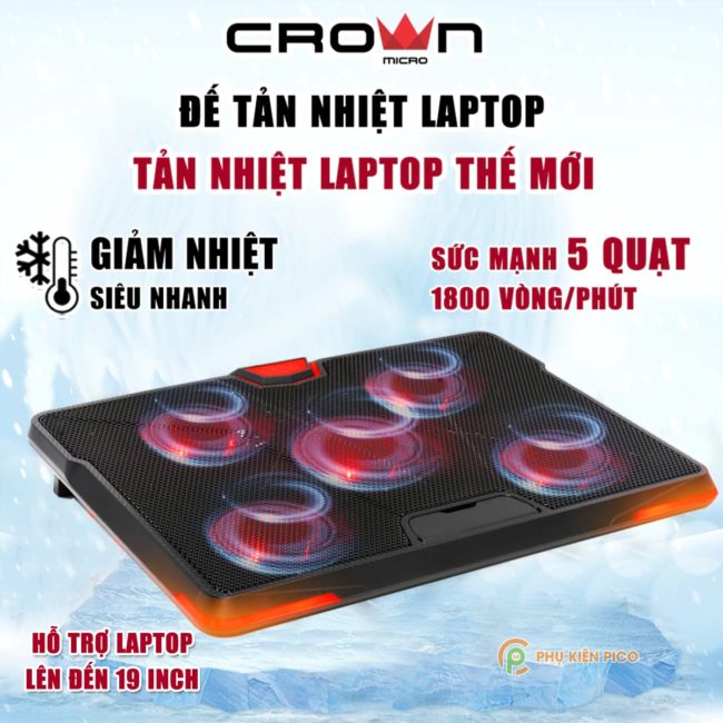 Đế Tản Nhiệt Laptop Gaming Crown CM130 5 Quạt, Giá Đỡ Laptop 19 Inch, Làm Mát Nhanh, Chống Ồn