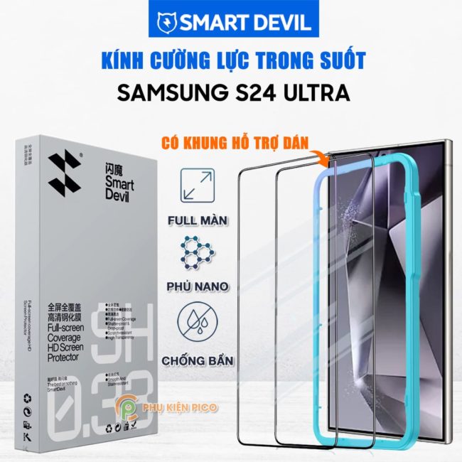 Kính cường lực Samsung Galaxy S24 Ultra full màn hình trong suốt viền đen siêu mỏng chính hãng Smart Devil