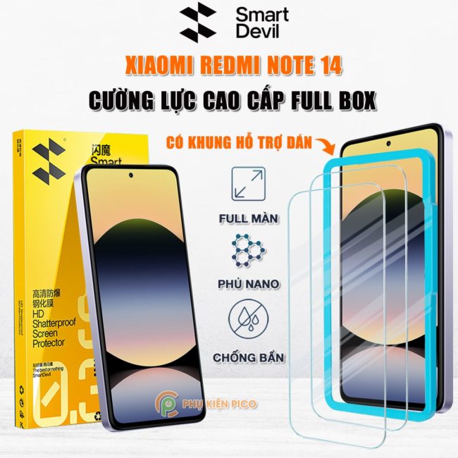 Kính cường lực Xiaomi Redmi Note 14 trong suốt full màn hình chính hãng Smart Devil