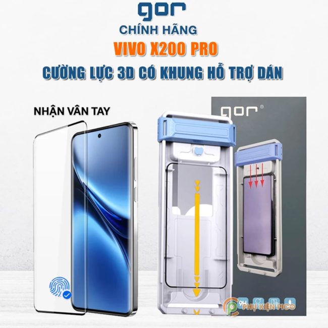 Kính cường lực Vivo X200 Pro chính hãng Gor full keo màn dùng được vân tay siêu âm trơn mượt có khung hỗ trợ dán