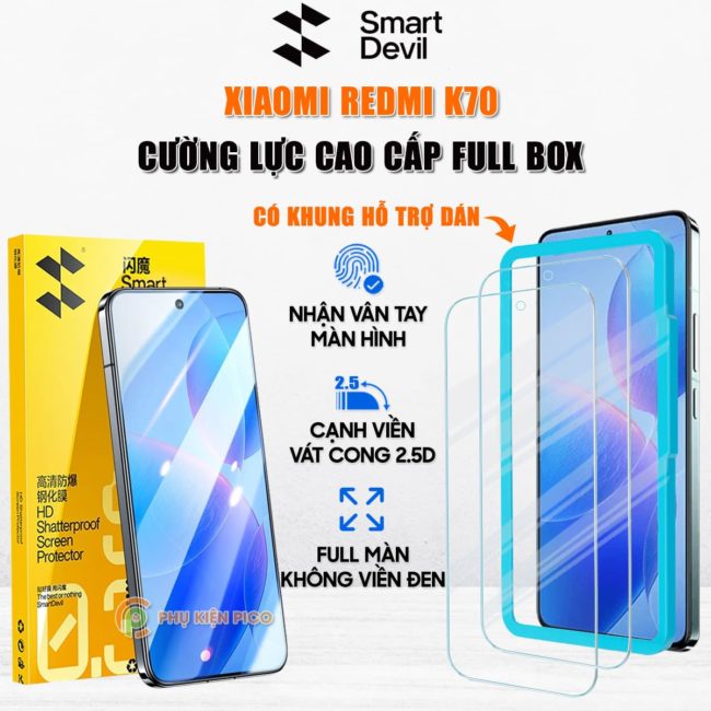 Kính cường lực Xiaomi Redmi K70 trong suốt full màn hình chính hãng Smart Devil