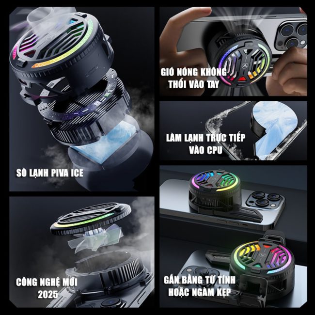 Quạt tản nhiệt điện thoại sò lạnh Piva B20 công suất 20W sò lạnh 36x36mm led RGB Gaming