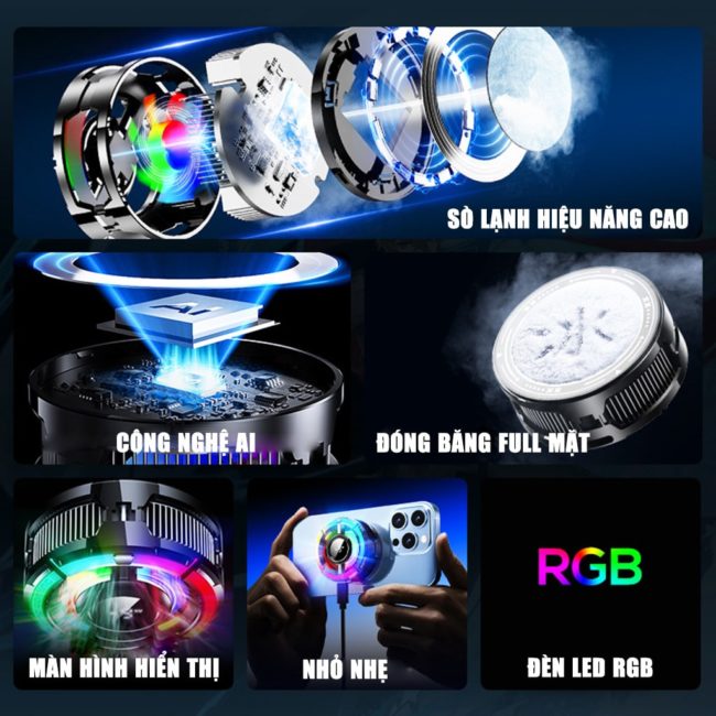 Quạt tản nhiệt điện thoại sò lạnh từ tính Memo CX15 Pro AI RGB Gaming thế hệ mới đóng băng bề mặt