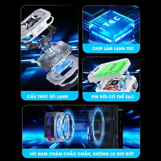 Quạt tản nhiệt điện thoại sò lạnh không dây TH10 Pro pin rời 5000mAh 7 cấp độ làm lạnh Led RGB từ tính có ngàm kẹp đóng băng full mặt