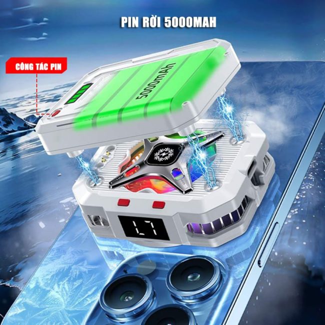 Quạt tản nhiệt điện thoại sò lạnh không dây TH10 Pro pin rời 5000mAh 7 cấp độ làm lạnh Led RGB từ tính có ngàm kẹp đóng băng full mặt