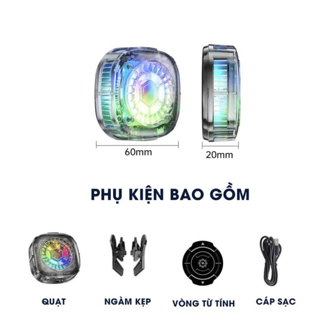 Quạt tản nhiệt điện thoại sò lạnh từ tính có ngàm kẹp rời X122 SE Pro đóng băng full mặt vỏ trong suốt đèn Led RGB