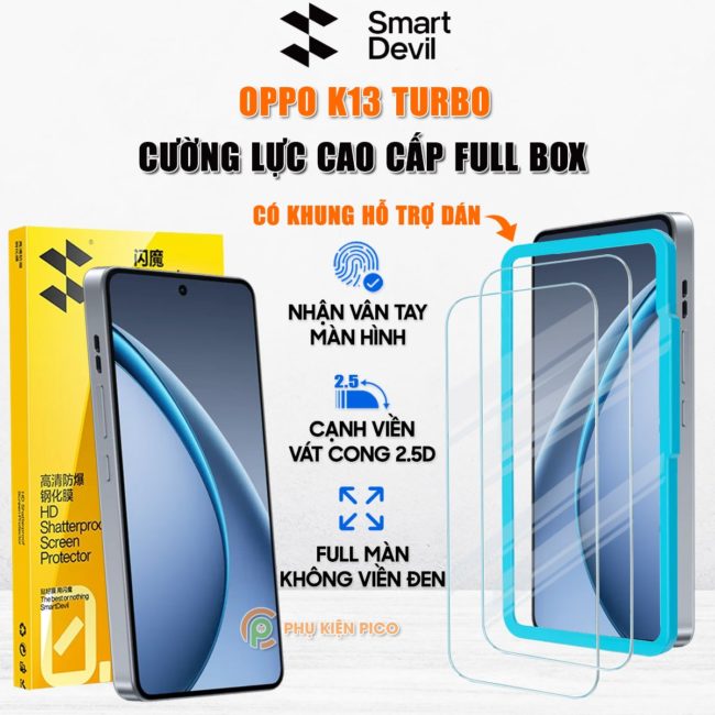 Kính cường lực Oppo K13 Turbo trong suốt full màn hình nhận vân tay chính hãng Smart Devil