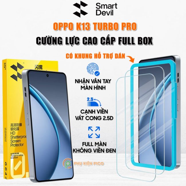 Kính cường lực Oppo K13 Turbo Pro trong suốt full màn hình nhận vân tay chính hãng Smart Devil