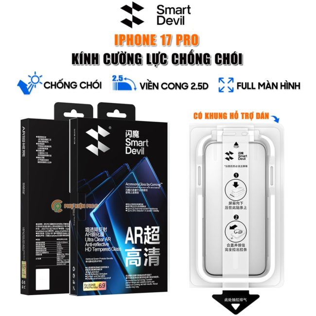 Kính cường lực Iphone 17 Pro chống chói AR Anti-Reflection full màn hình nhận vân tay Smart Devil