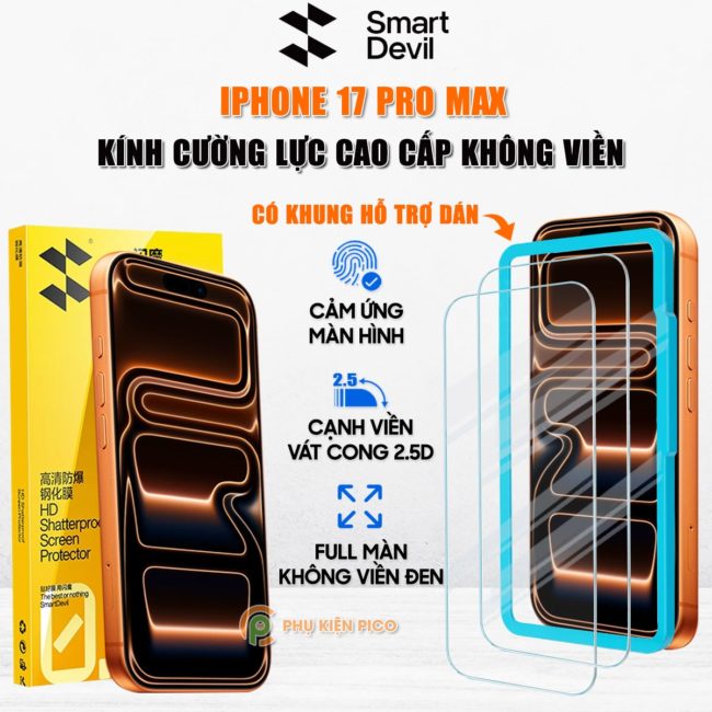 Kính cường lực Iphone 17 Pro Max trong suốt full màn hình không viền Smart Devil