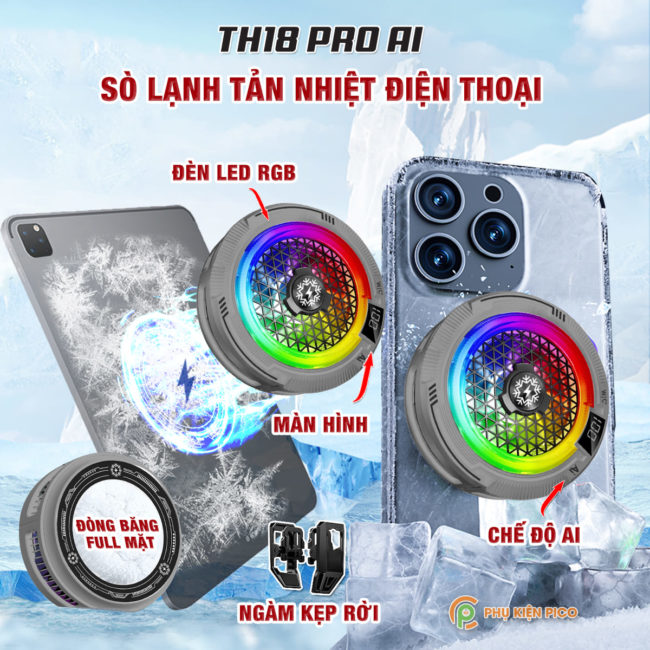 Quạt tản nhiệt điện thoại sò lạnh cao cấp TH18 Pro AI 24W kiểm soát nhiệt thông minh AI Led RGB làm lạnh không tụt FPS khi chơi game PUBG