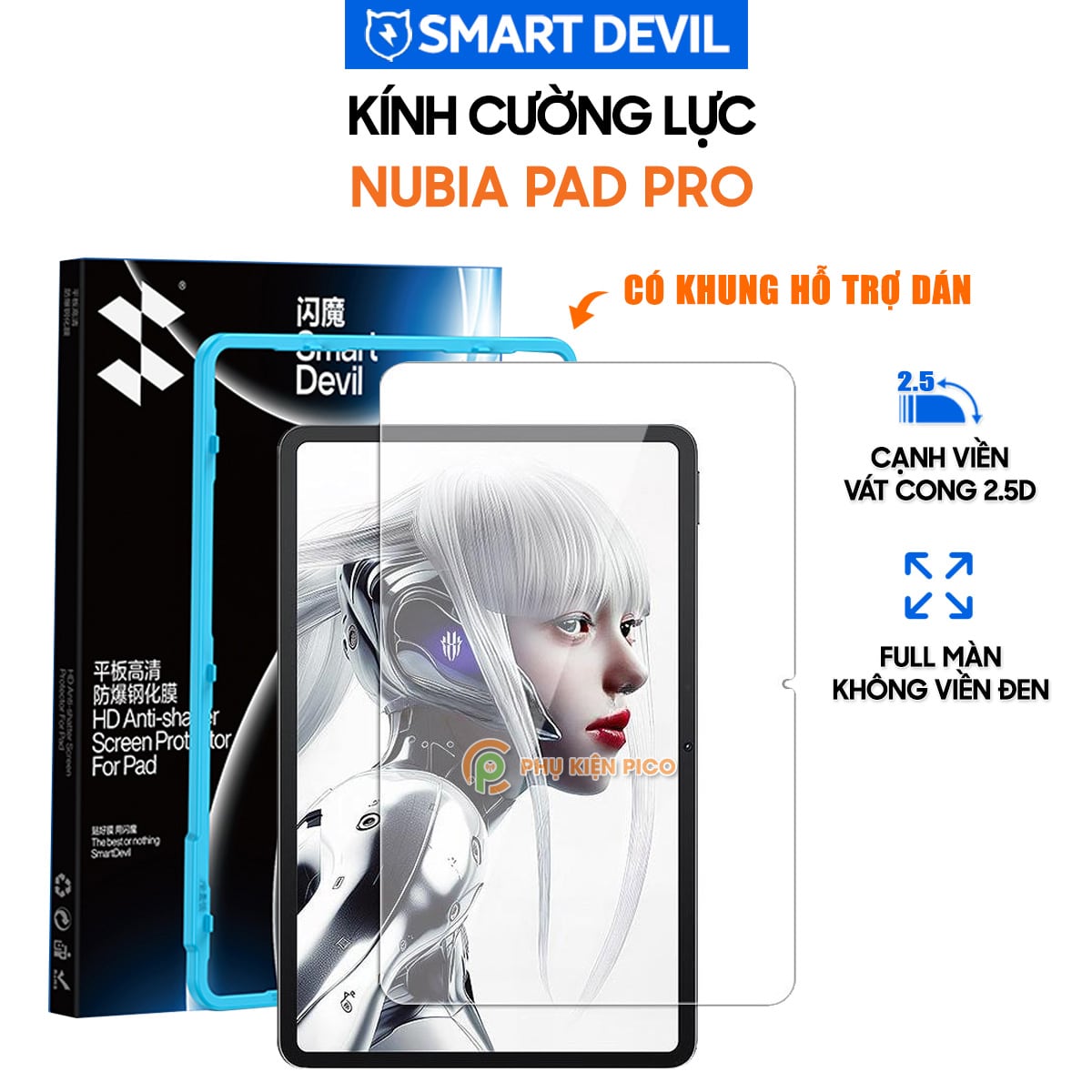 Kính cường lực Nubia Pad Pro full màn hình chính hãng Smart Devil có khung hỗ trợ dán
