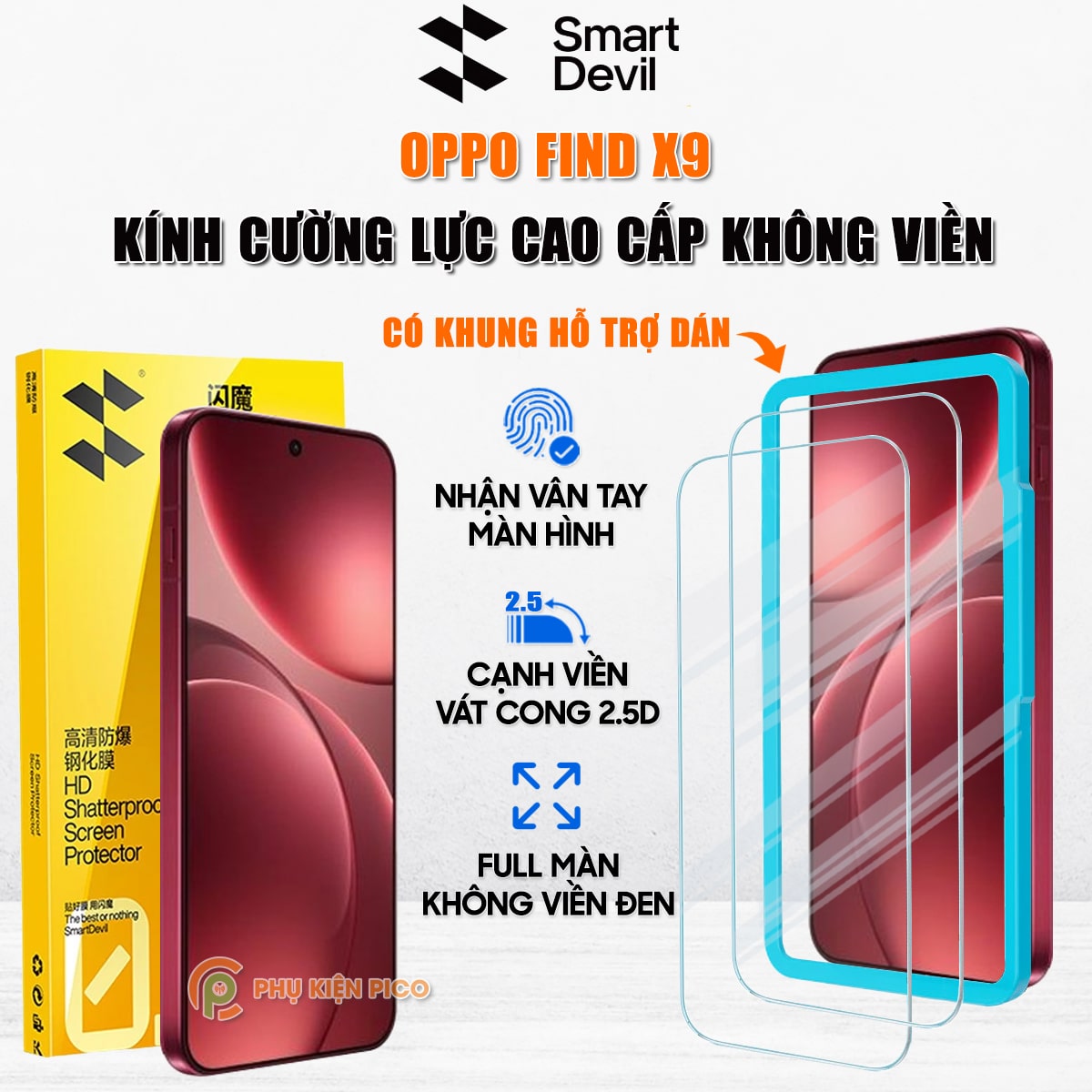 Kính cường lực Oppo Find X9 trong suốt không viền full màn hình Smart Devil có khung hỗ trợ dán