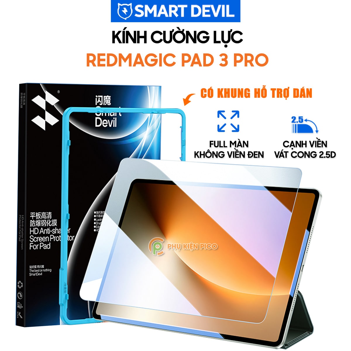 Kính cường lực Redmagic Pad 3 Pro full màn hình chính hãng Smart Devil có khung hỗ trợ dán