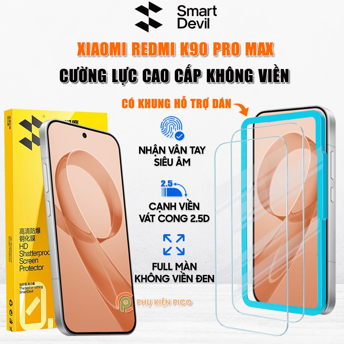 Kính cường lực Xiaomi Redmi K90 Pro Max trong suốt full màn hình Smart Devil có khung hỗ trợ dán