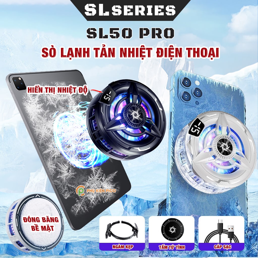 Quạt tản nhiệt điện thoại sò lạnh từ tính SL50 Pro đóng băng bề mặt có ngàm kẹp rời màn hình hiển thị nhiệt độ